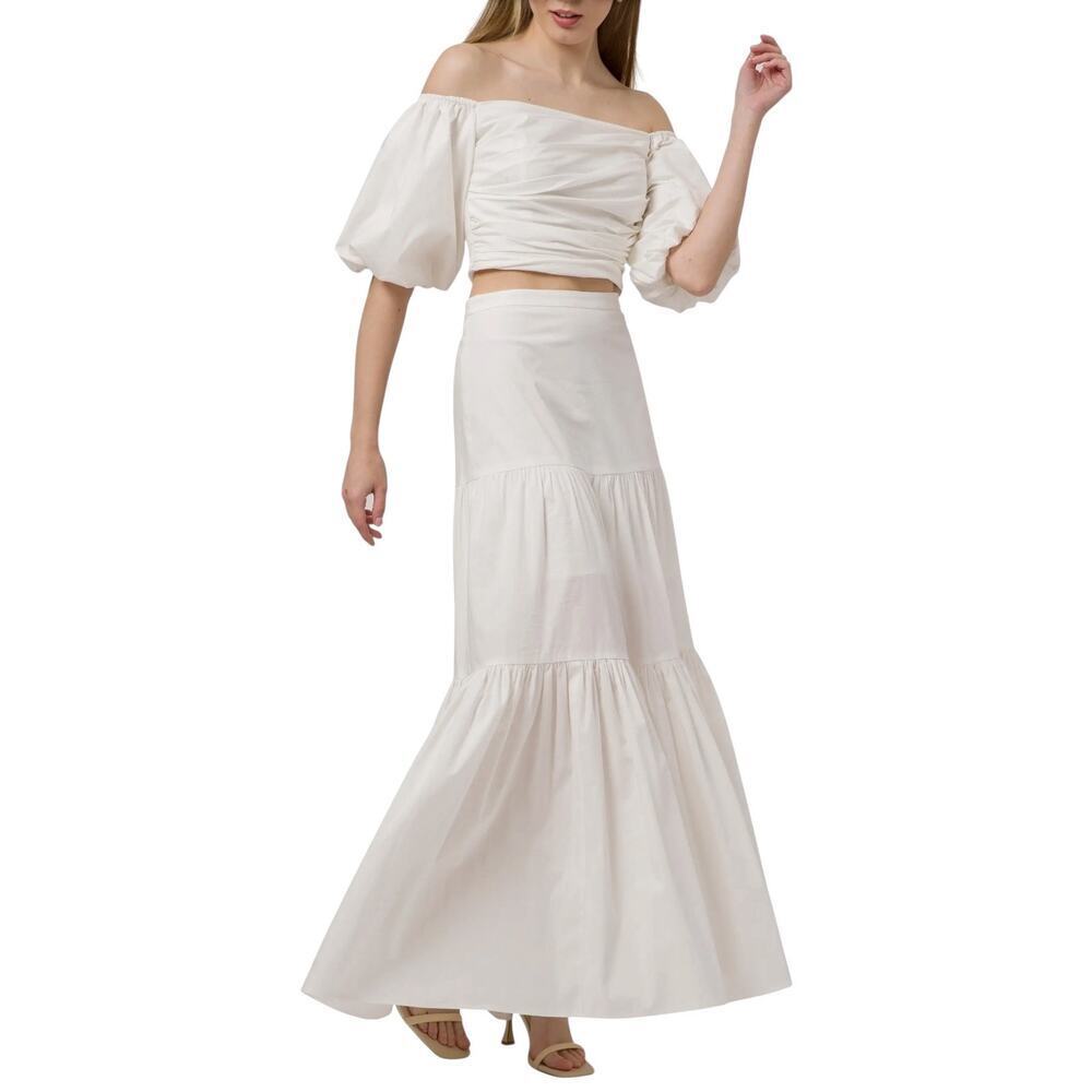 WAYF Women's Cotton Tiered A-Line Maxi Skirt Ivory White Size Small NWT
